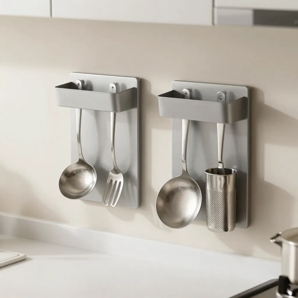 Magnetic utensil strip holding metal spoons and ladles