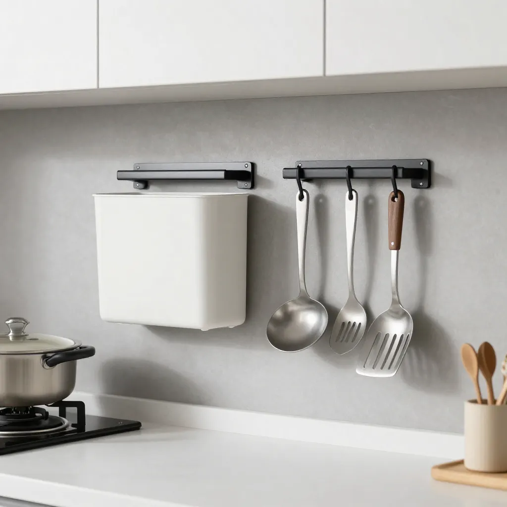 Person arranging utensils on a magnetic wall grid