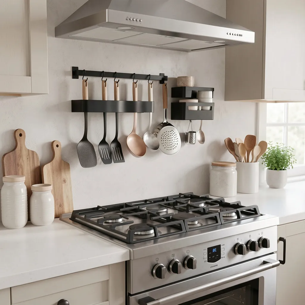 Compact magnetic strip and rail set over a stove